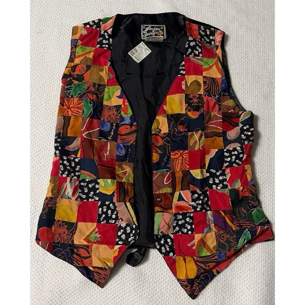 Vintage JouJou Y2K Patchwork Print Rayon Vest Boho Open Front Festival NWT Made